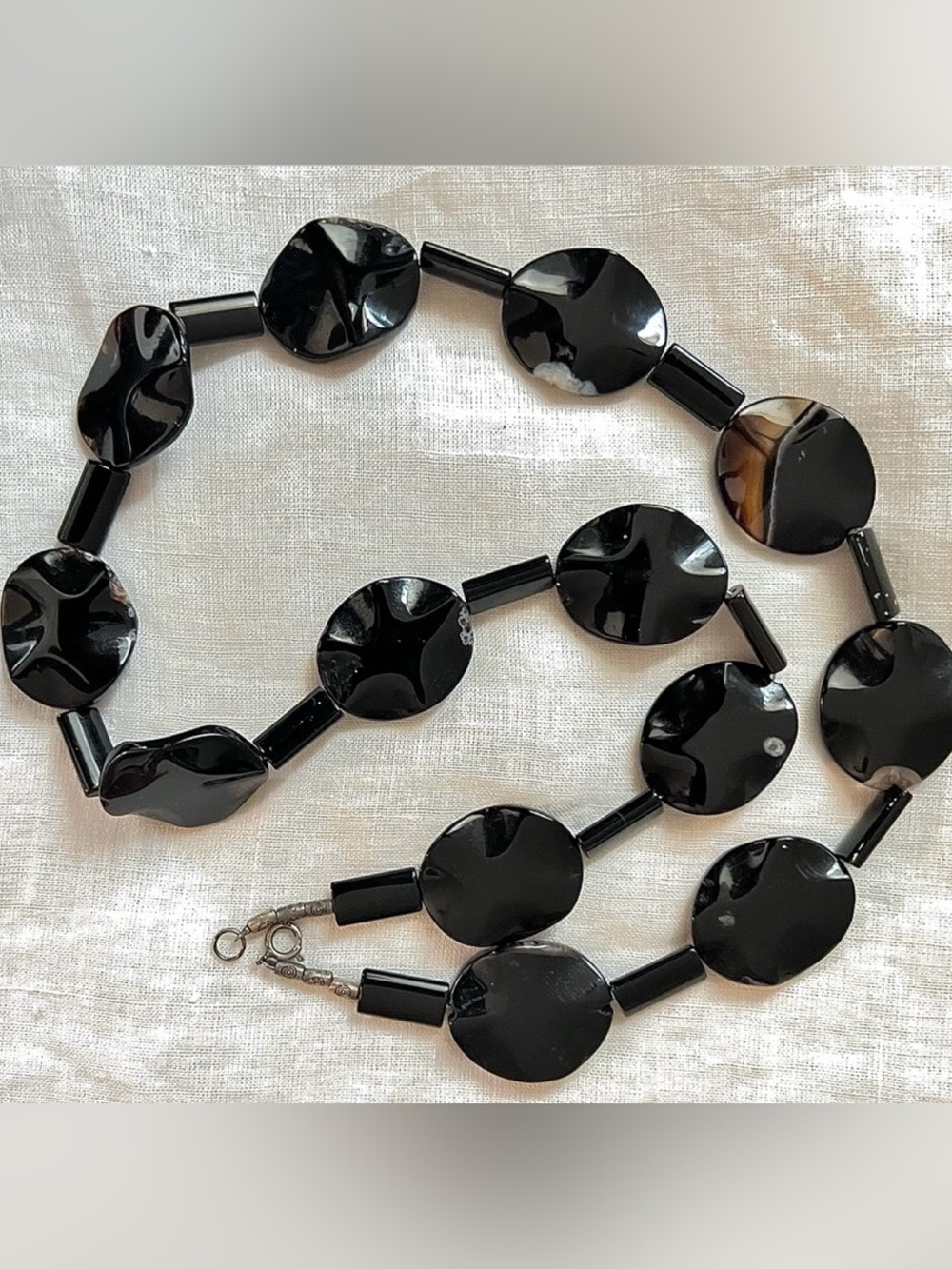 Vintage Artisan Onyx Banded Agate Sterling Silver Necklace 24"
